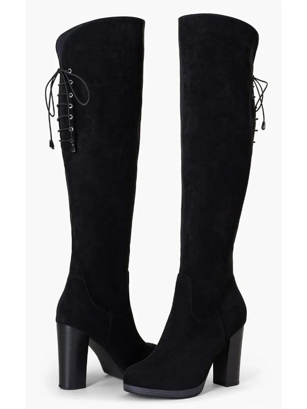 Women Black Suede Block Heel Round Toe Faux Suede Over The Knee Thigh High Boots
